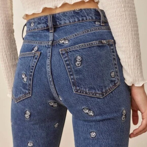 Reformation Denim - REFORMATION Dice Embroidery High Rise Straight Jeans Vegas Cropped Size 30
